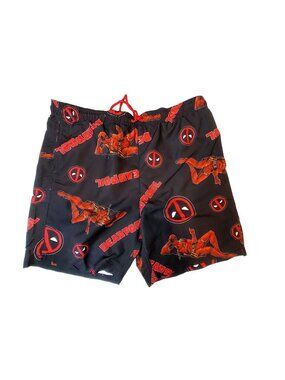 Marvel Deadpool Mens Swim Shorts Black & Red Size M Elastic Waist Bioworld
